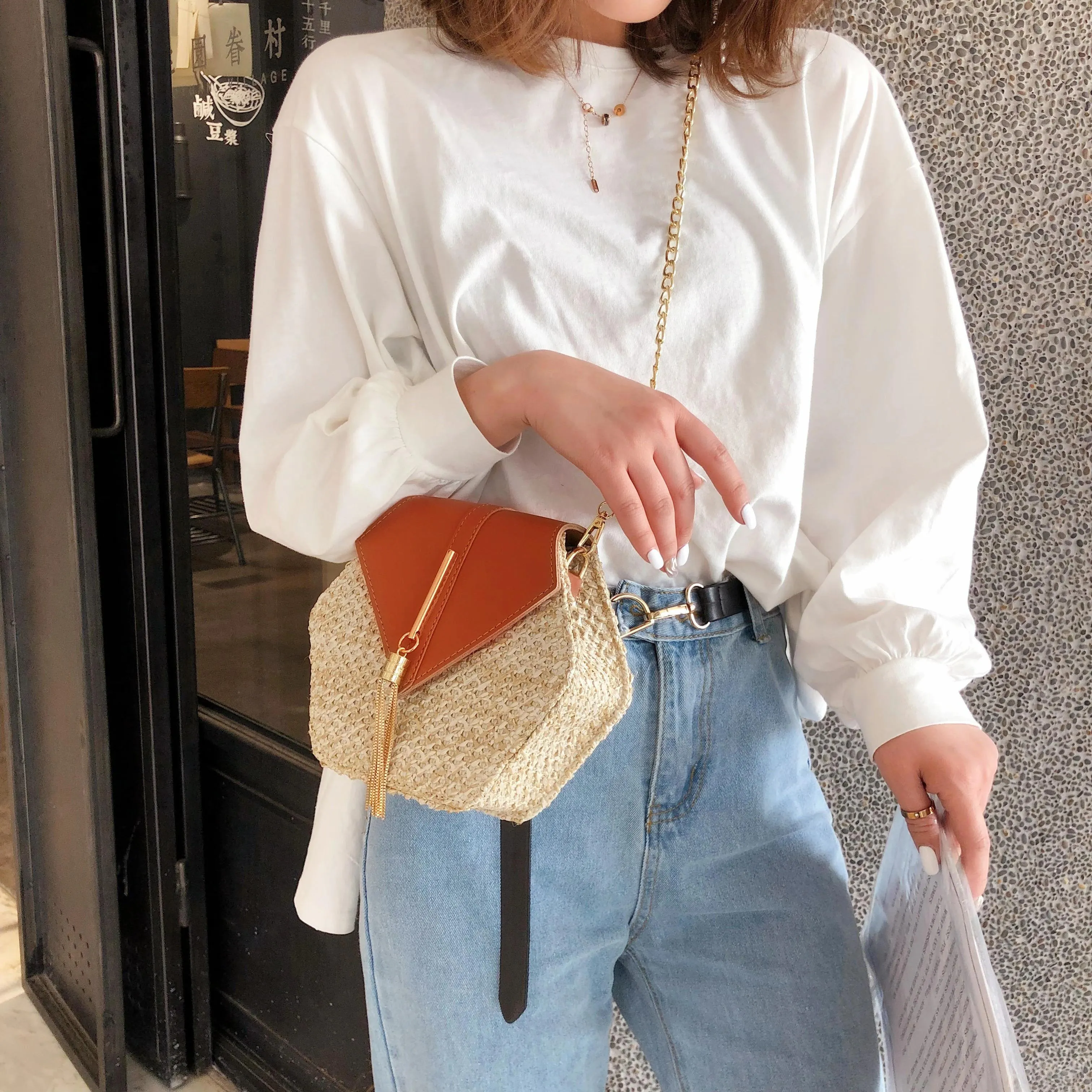 Hexagon Summer Straw Woven Tassel Shoulder Bag