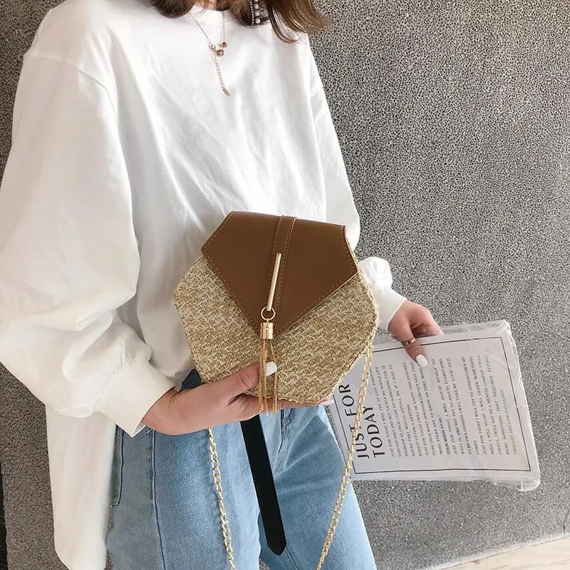Hexagon Summer Straw Woven Tassel Shoulder Bag