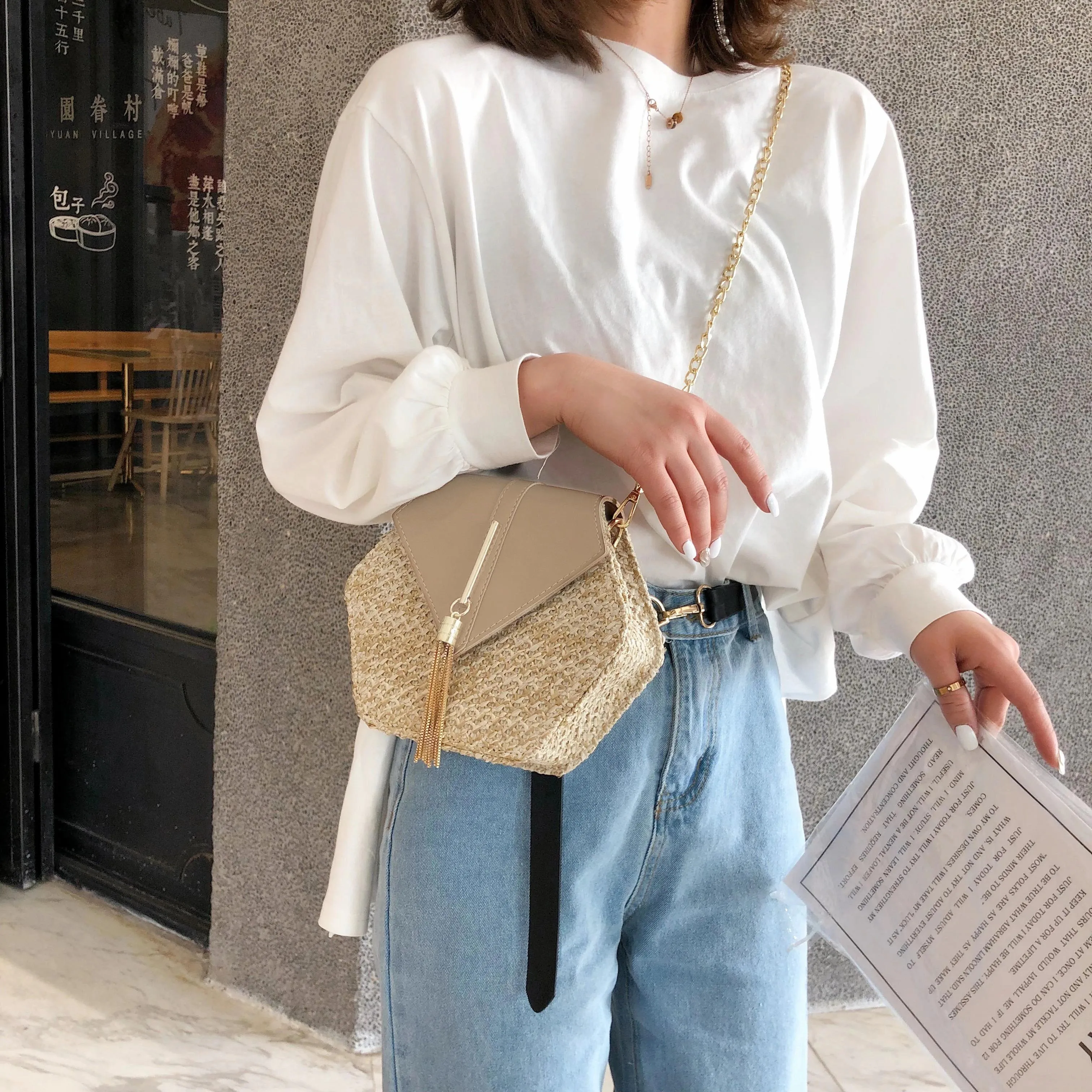 Hexagon Summer Straw Woven Tassel Shoulder Bag