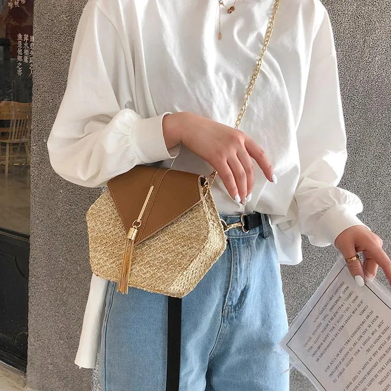 Hexagon Summer Straw Woven Tassel Shoulder Bag