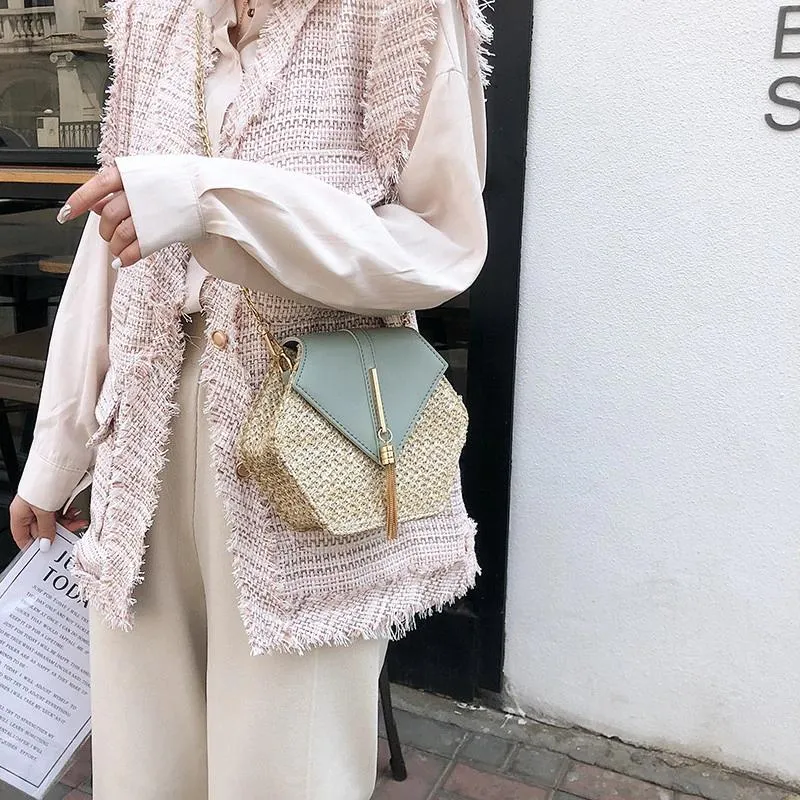 Hexagon Summer Straw Woven Tassel Shoulder Bag