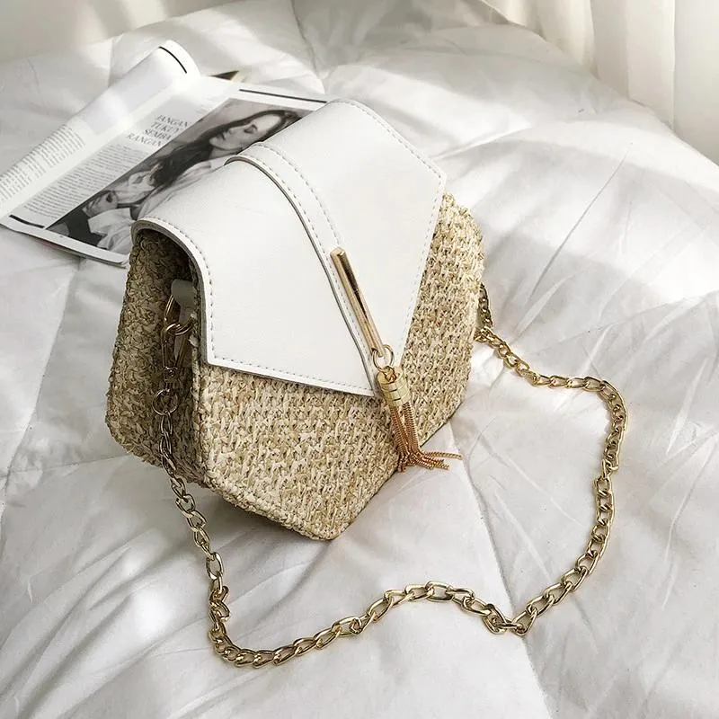 Hexagon Summer Straw Woven Tassel Shoulder Bag