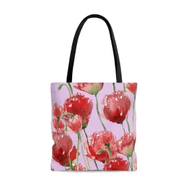 Light Pink Floral Tote Bag, Red Tulip Flower Floral Print Designer Tote Bag - Made in USA