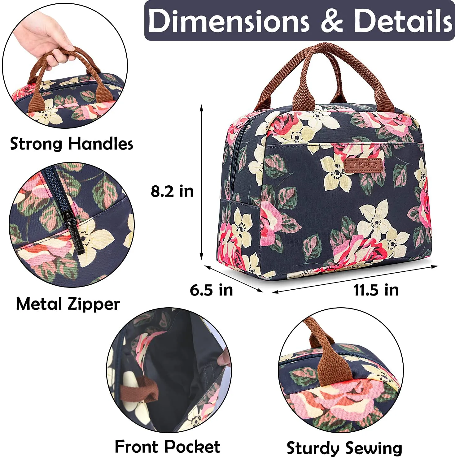 LOKASS Lunch Bag Cooler Bag Women Tote Bag Insulated Lunch Box Water-resistant Thermal Lunch Bag Soft Liner Lunch Bags for women /Picnic/Boating/Beach/Fishing/Work (Peony)