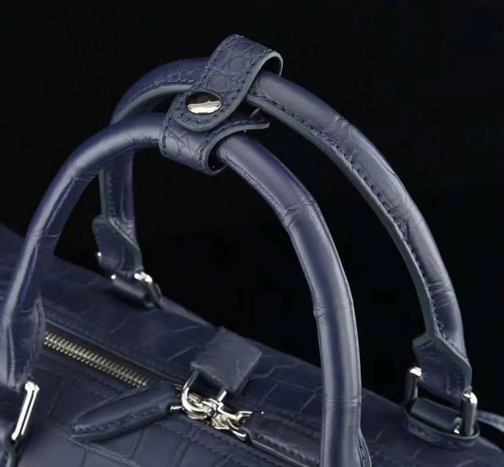 Men's Matt Genuine Crocodile Leather Travel Duffel Bags Dark Blue