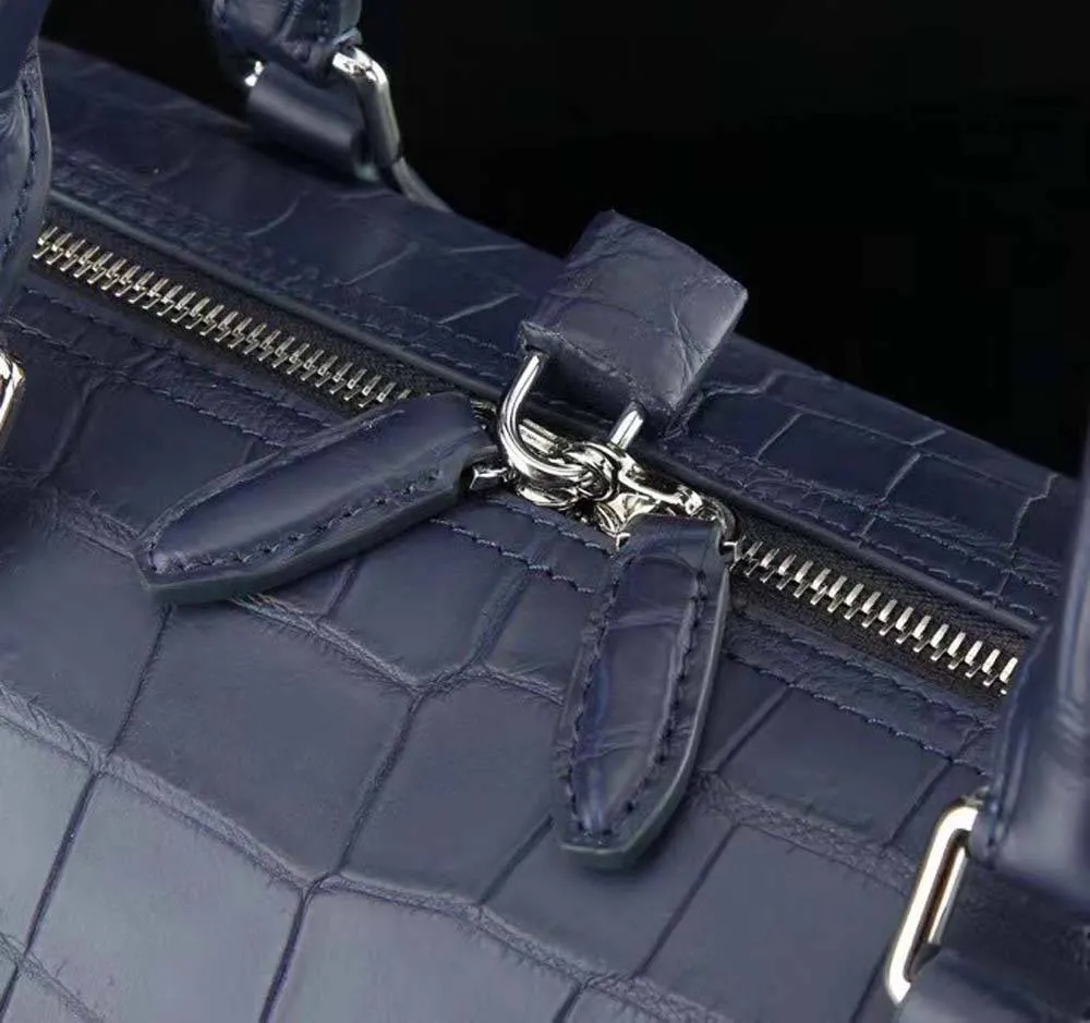 Men's Matt Genuine Crocodile Leather Travel Duffel Bags Dark Blue