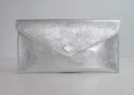 Metallic Silver Leather Envelope Clutch Bag
