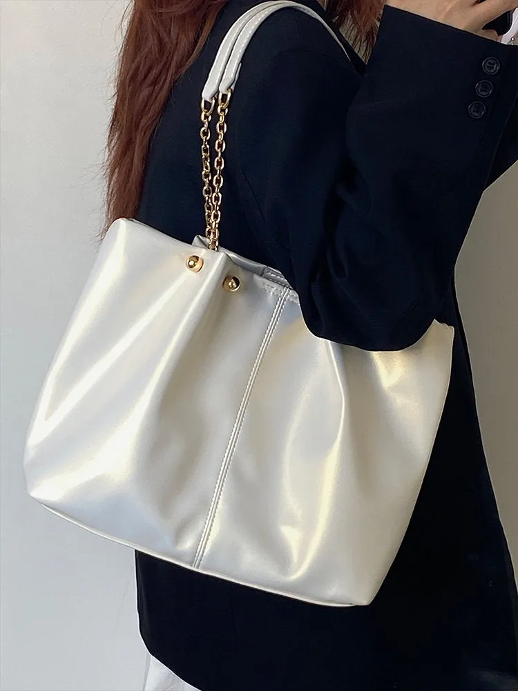Minimalist Vegan Leather Handbag, Cute Chain Strap Shoulder Bag, Tote Bag for Women, Wide Large Capacity Oversized Handbag, Handheld Bag