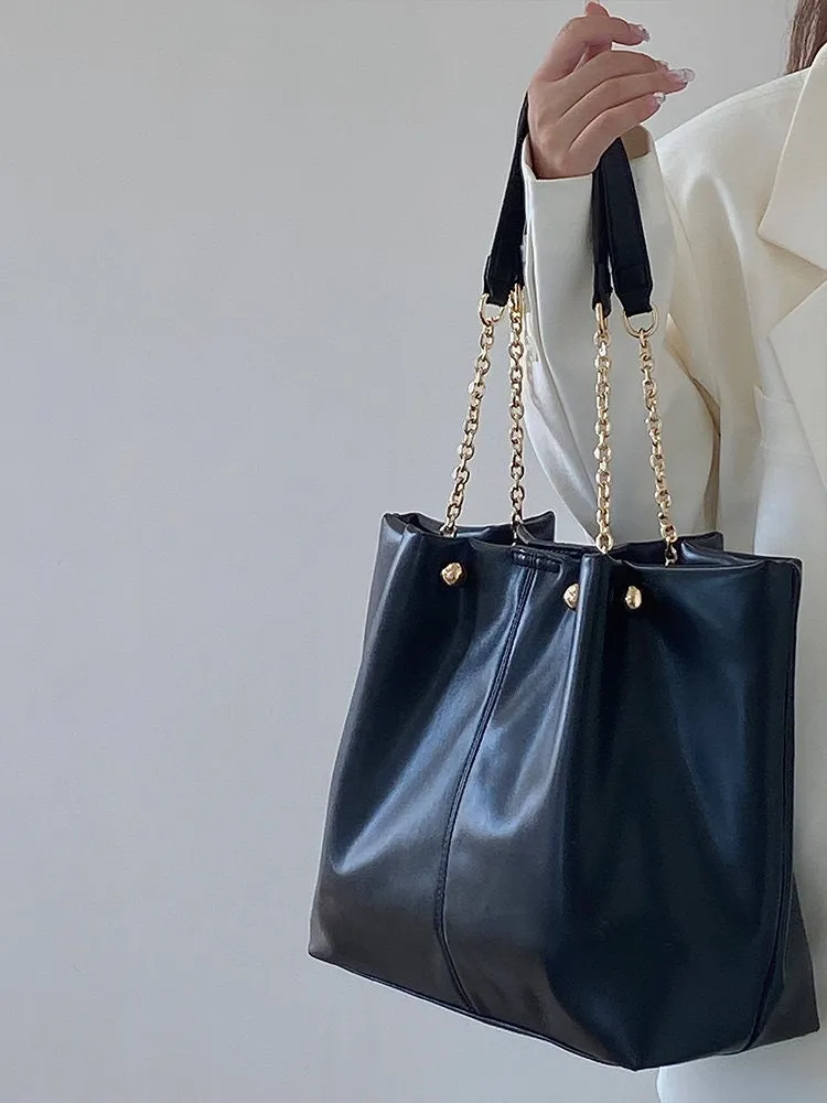 Minimalist Vegan Leather Handbag, Cute Chain Strap Shoulder Bag, Tote Bag for Women, Wide Large Capacity Oversized Handbag, Handheld Bag