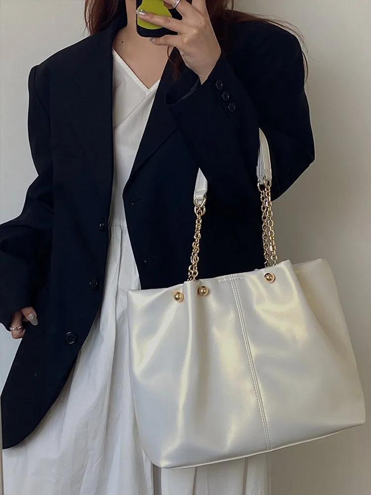 Minimalist Vegan Leather Handbag, Cute Chain Strap Shoulder Bag, Tote Bag for Women, Wide Large Capacity Oversized Handbag, Handheld Bag