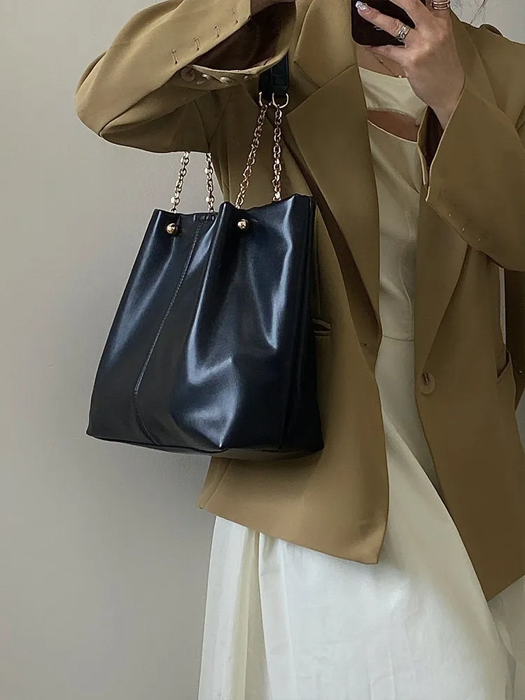 Minimalist Vegan Leather Handbag, Cute Chain Strap Shoulder Bag, Tote Bag for Women, Wide Large Capacity Oversized Handbag, Handheld Bag