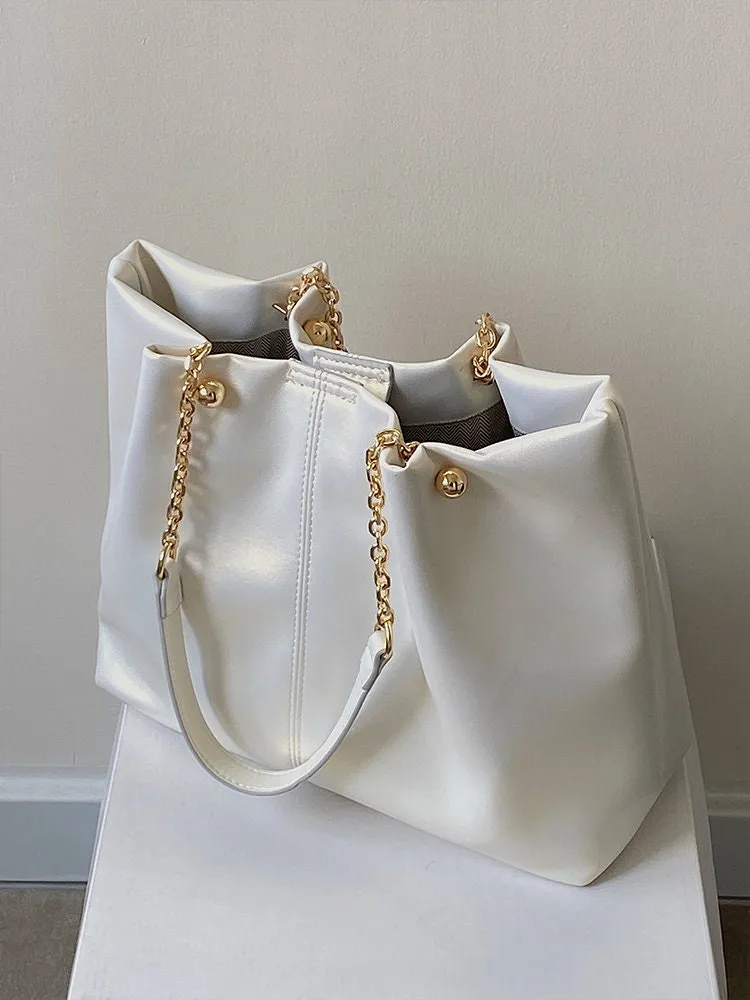 Minimalist Vegan Leather Handbag, Cute Chain Strap Shoulder Bag, Tote Bag for Women, Wide Large Capacity Oversized Handbag, Handheld Bag