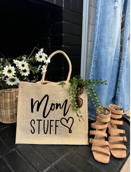 MOM STUFF Burlap Tote Bag