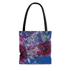 Navy Blue Floral Tote Bag, French Style Flower Floral Print Women's Tote Bag- Made in USA (Size: S, M, L)