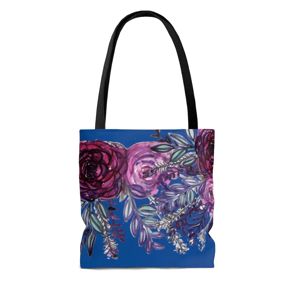 Navy Blue Floral Tote Bag, French Style Flower Floral Print Women's Tote Bag- Made in USA (Size: S, M, L)