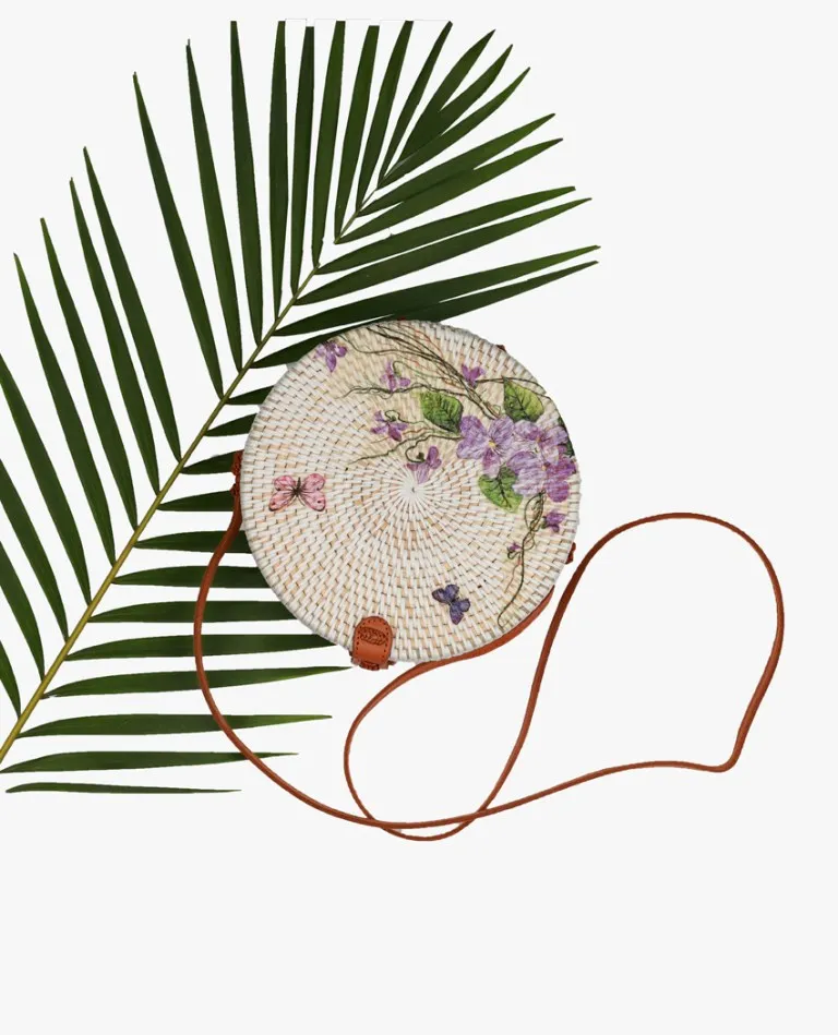 Purple Flower With Butterfly White Round Sling  Bag