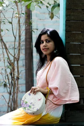 Purple Flower With Butterfly White Round Sling  Bag