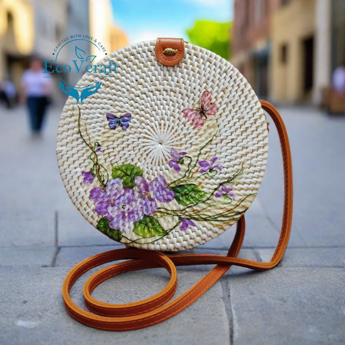 Purple Flower With Butterfly White Round Sling  Bag