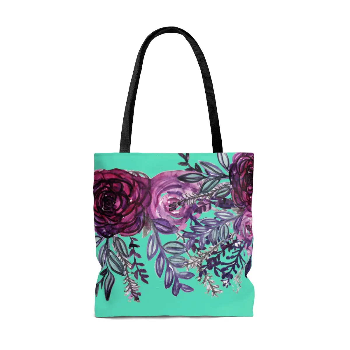 Purple Rose Floral Tote, Turquoise Blue Rose Flower Floral Print Designer Women's Tote Bag - Made in USA