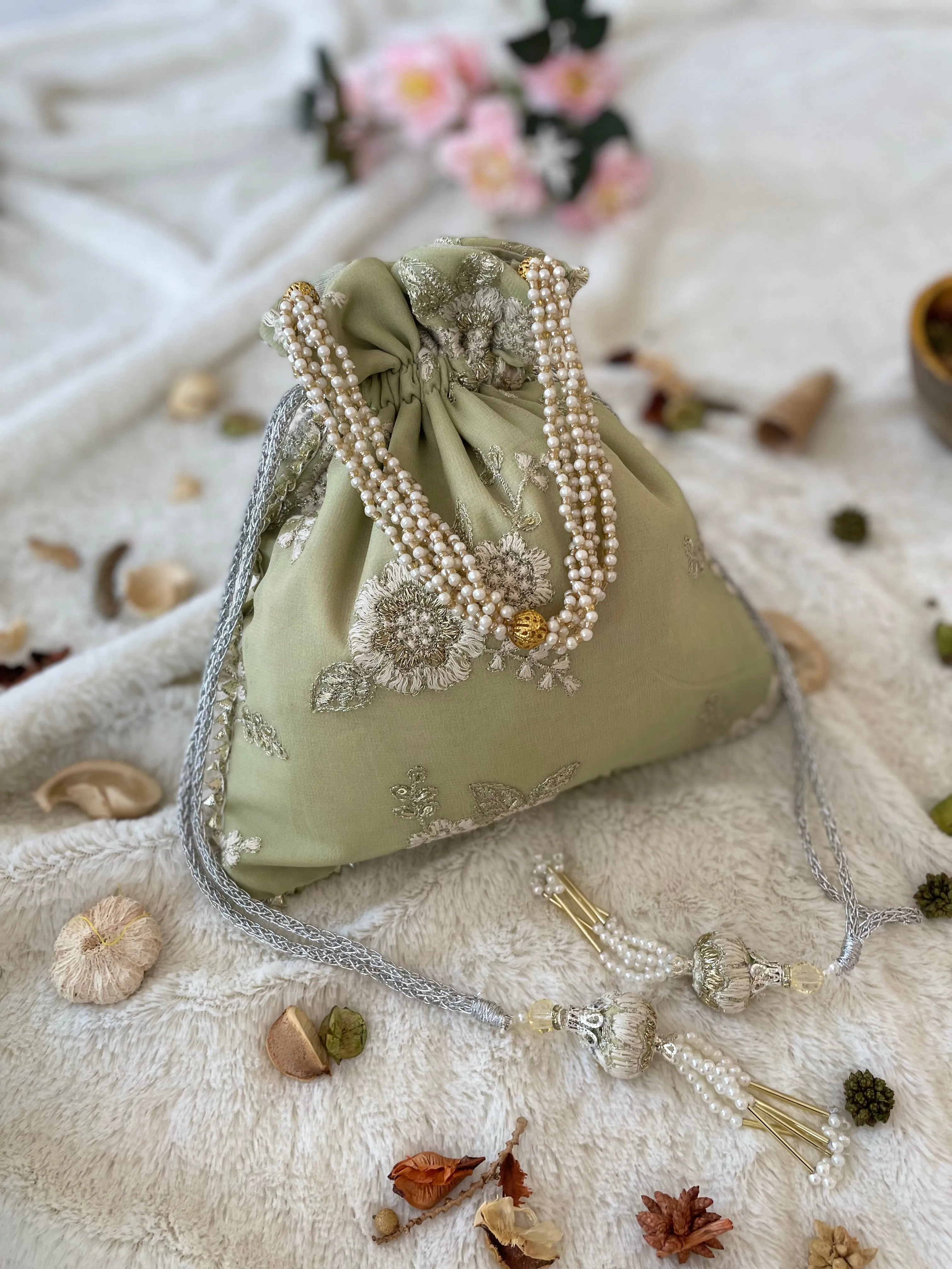 Sage Green Embroidered Potli Bag