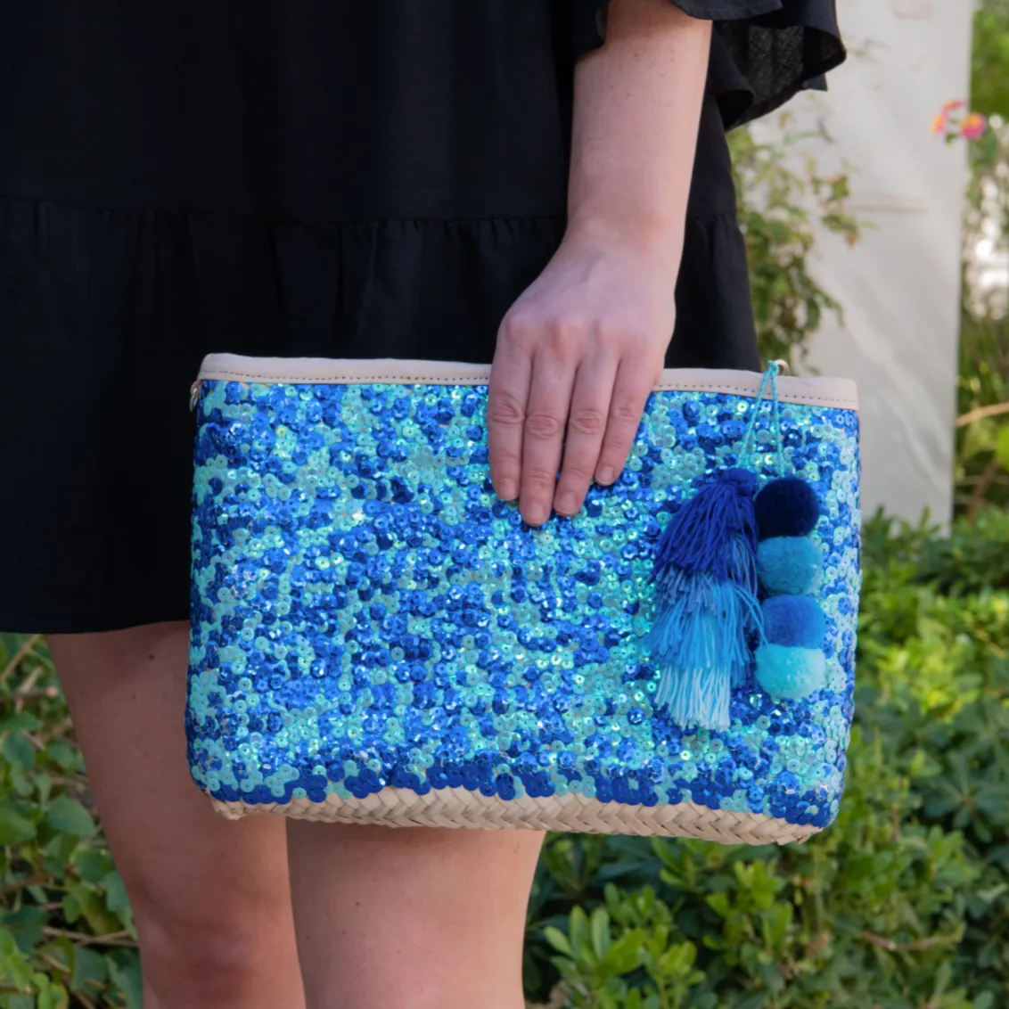 Straw Clutch with Blue Sequins