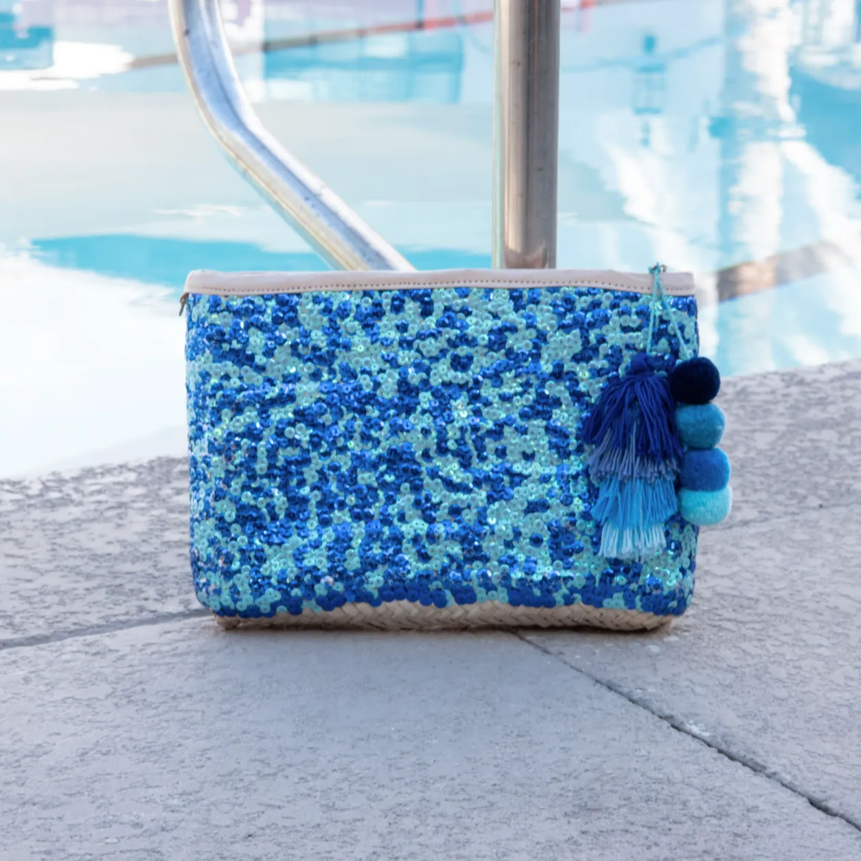 Straw Clutch with Blue Sequins