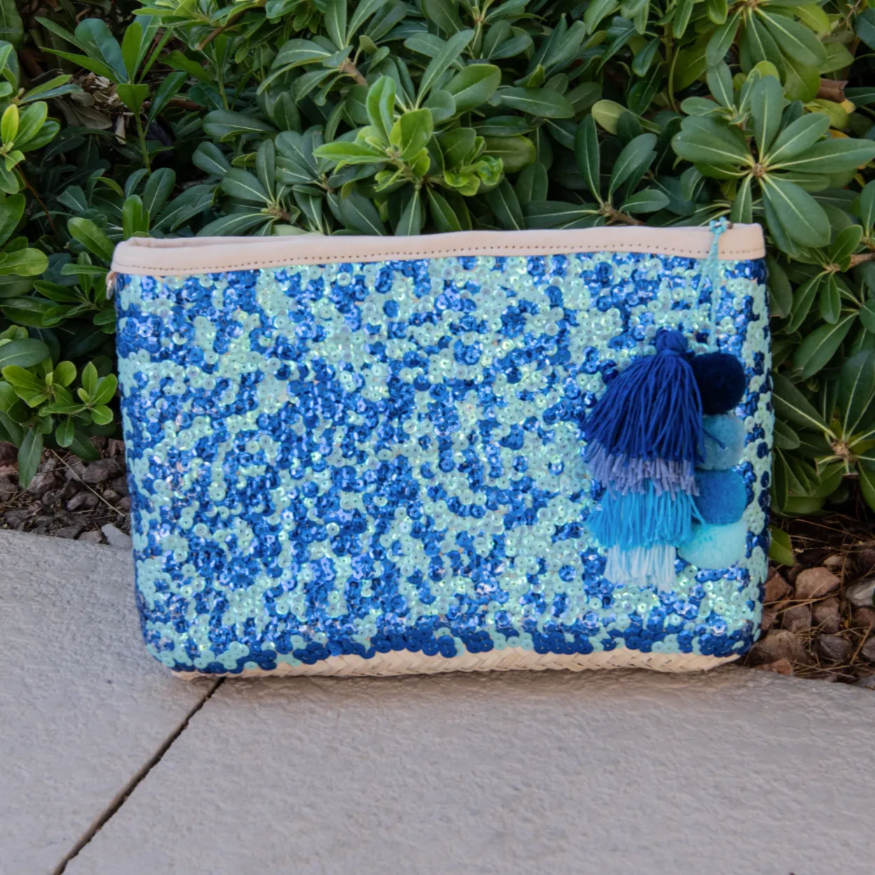 Straw Clutch with Blue Sequins