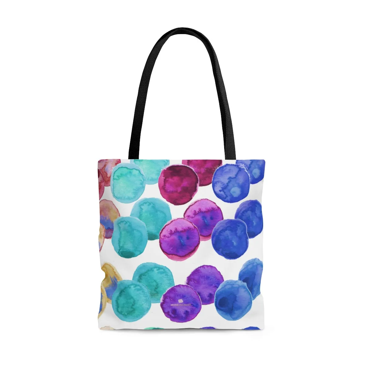 White Polka Dots Tote Bag, Colorful Rainbow Polka Dots Print Market Square Designer Tote Bag - Made in USA