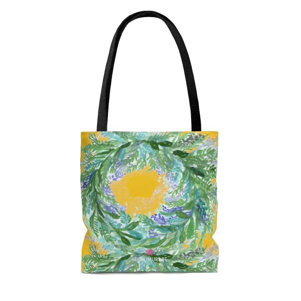 Yellow Lavender Floral Tote Bag, Flower Print Best Designer Colorful Square 13"x13", 16"x16", 18"x18" Premium Quality Market Tote Bag - Made in USA
