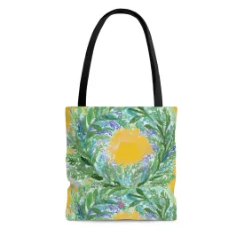 Yellow Lavender Floral Tote Bag, Flower Print Best Designer Colorful Square 13"x13", 16"x16", 18"x18" Premium Quality Market Tote Bag - Made in USA